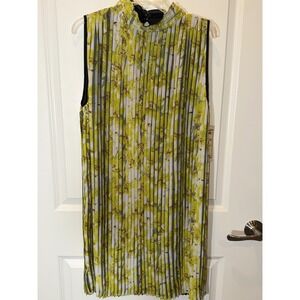 Vintage Concept Lime Green Floral Striped Pleated Shift Dress retro artsy XL NWT